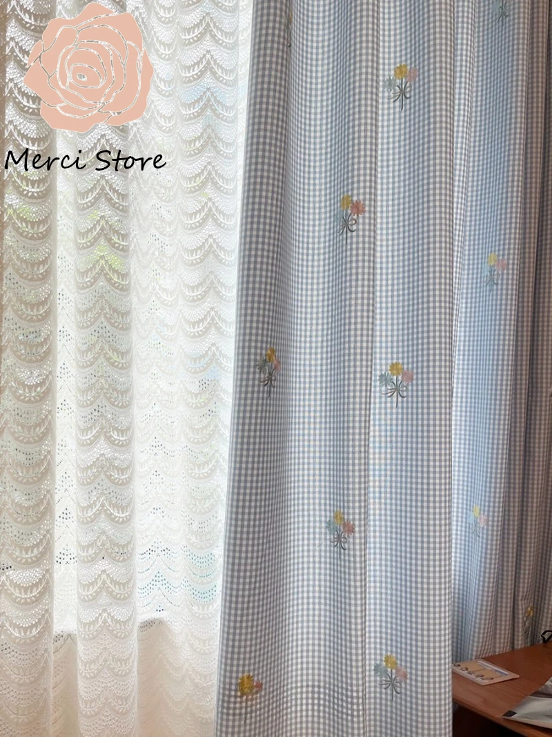 

Embroidered Small Bouquet Blue Plaid Cute Retro Romantic Curtain Door Partition for Childrens Room Bedroom Drapes Nursery
