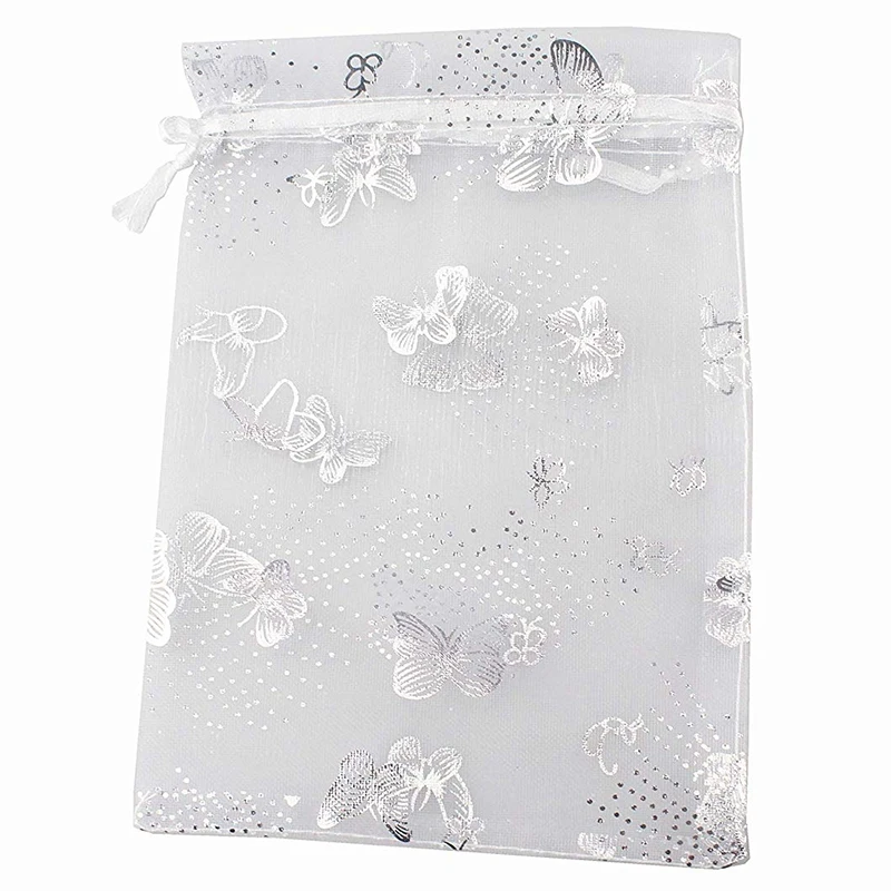 100Pcs 9X12cm Butterfly Organza Jewelry Gift Pouch Candy Pouch Drawstring Wedding Favor Bags White