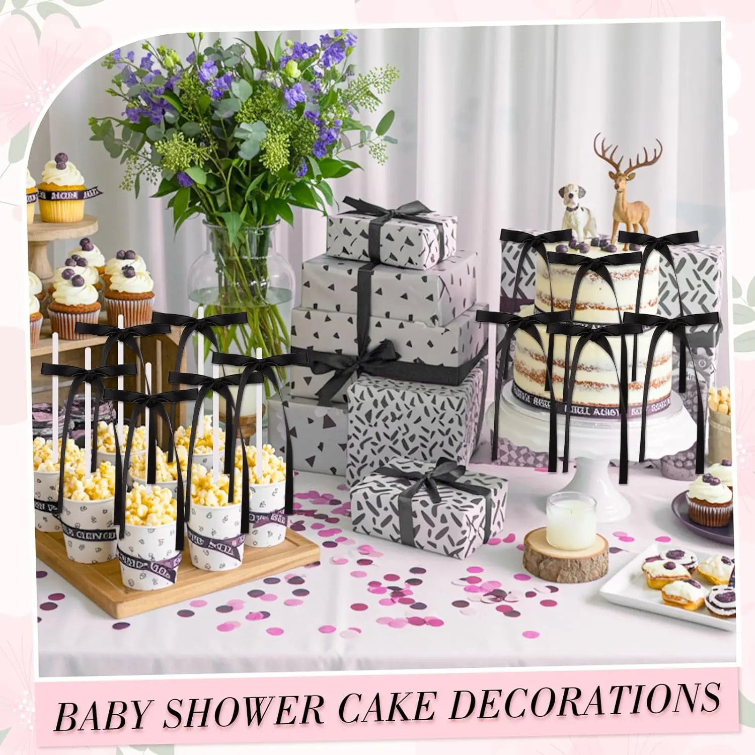 Kuchen-Topper mit Schleife, schwarze Bänder, Schleife, Kuchendekorationen für Geburtstag, Babyparty, Hochzeitstag, Neujahr, Partyzubehör – Detail 19