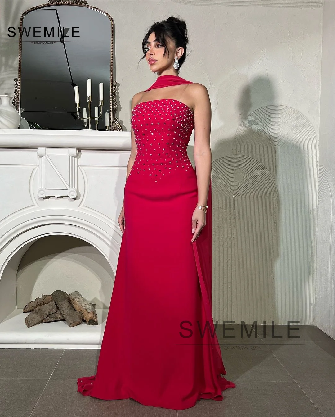 SWEMILE Red A-Line Strapless Zipper Up Sweep Train Sleeveless Dresses For Special Events Prom Dresses Formal Occasion Dresses