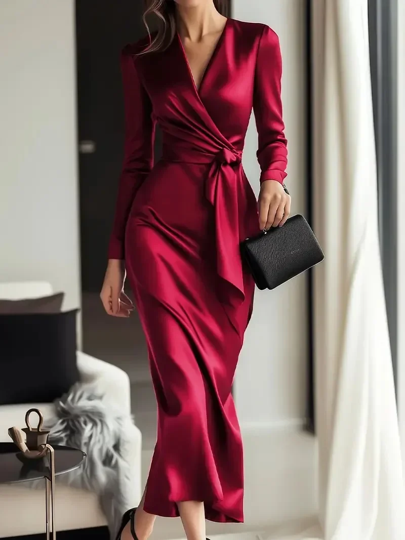 Damen-Wickelkleid mit V-Ausschnitt, Taillenband und langen Ärmeln für formelle Anlässe und Partys – Detail 3