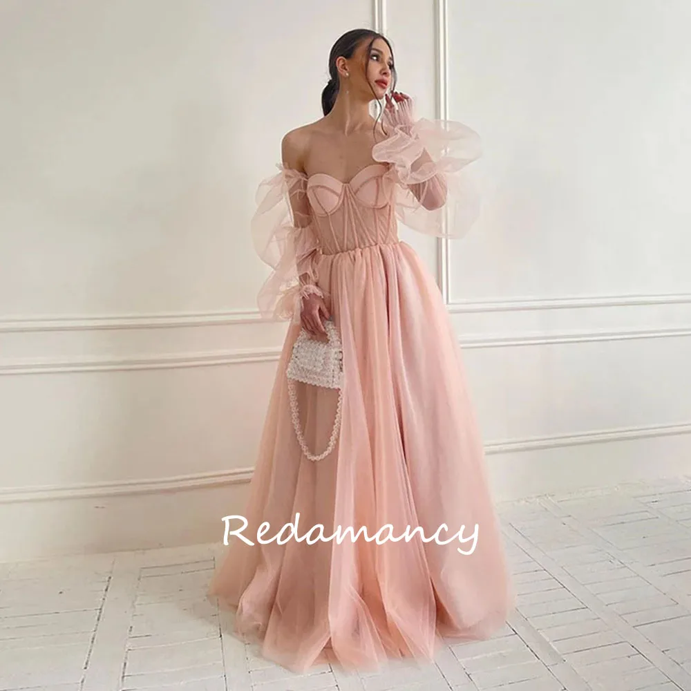 Redamancy Baby Pink Gracefull Evening Dresses Tulle Sweetheart Long Puff Sleeves Formal Occasion Dresses 2024 Floor Length