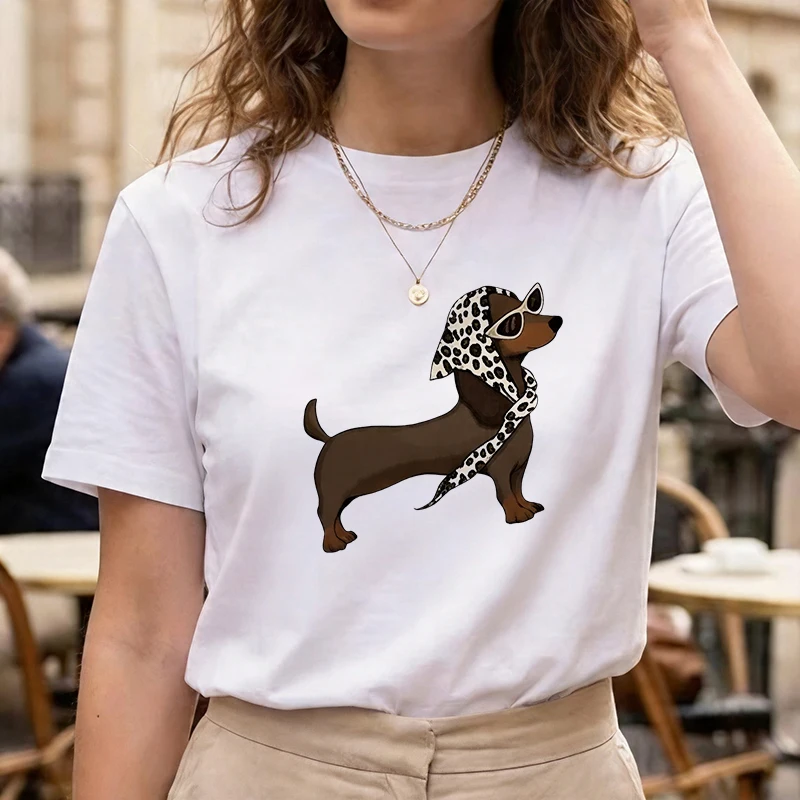 Damen Lustiges T-Shirt mit Trendigem Kleinhund-Print 90er Jahre Lässiges Sommer-Rundhals-Kurzarm-T-Shirt Grafik Y2K Tees Tops Kleidung