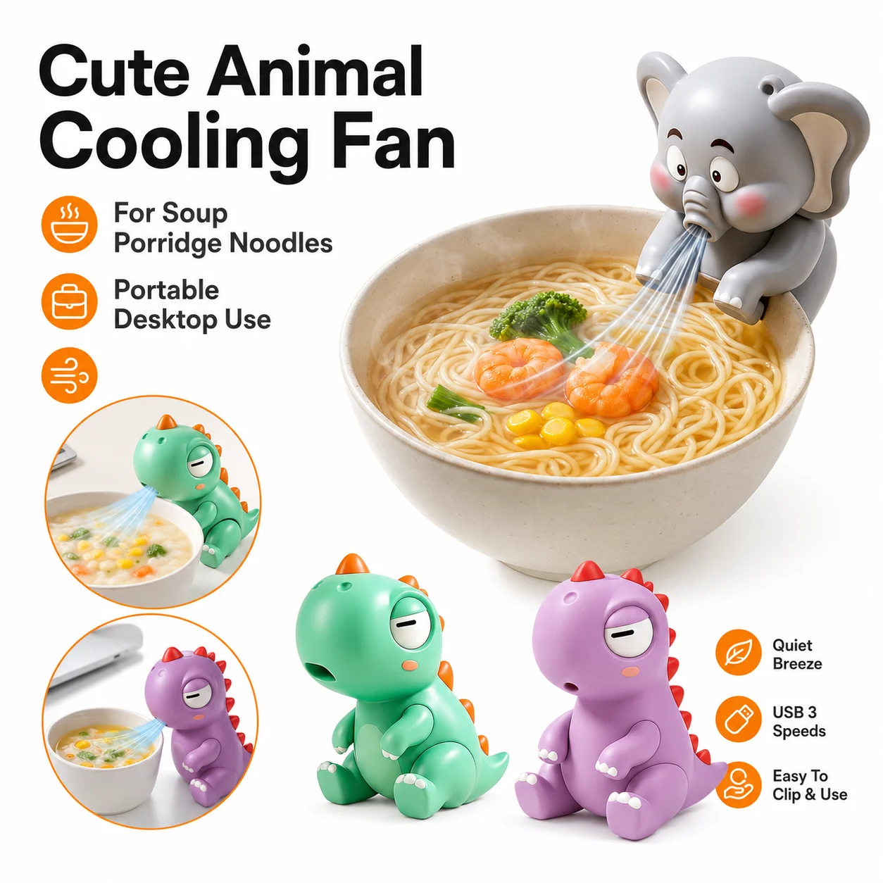 Portable USB Bowl Edge Fan Cute Elephant Dinosaur Food Cooling Air Blower 3 Speeds Hands Free Design for Home Office Meals