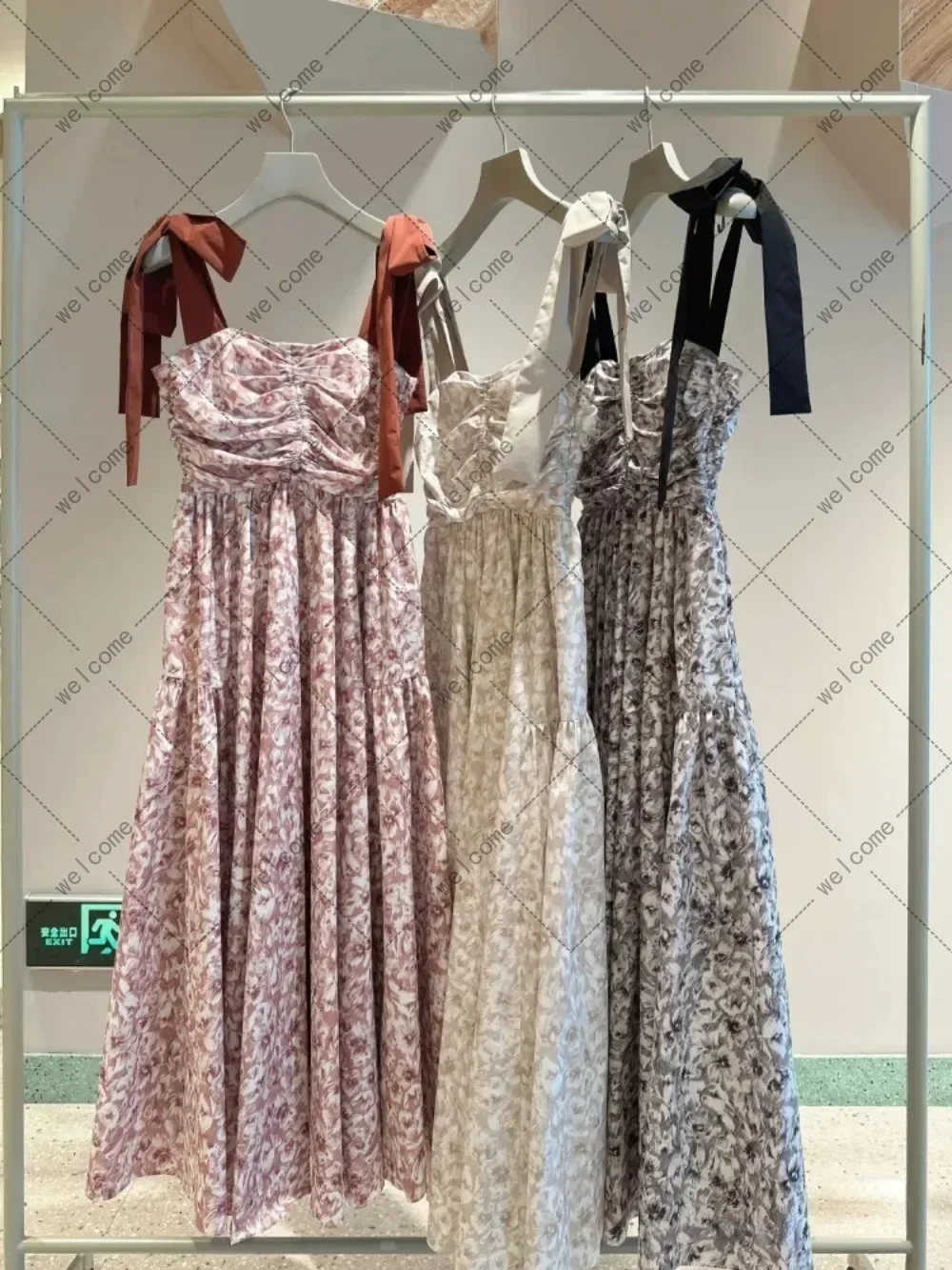 Elegante vestido estampado con cuello de barco y hombros descubiertos, bata de tubo con lazo, fruncida con cordón japonés, nueva Moda