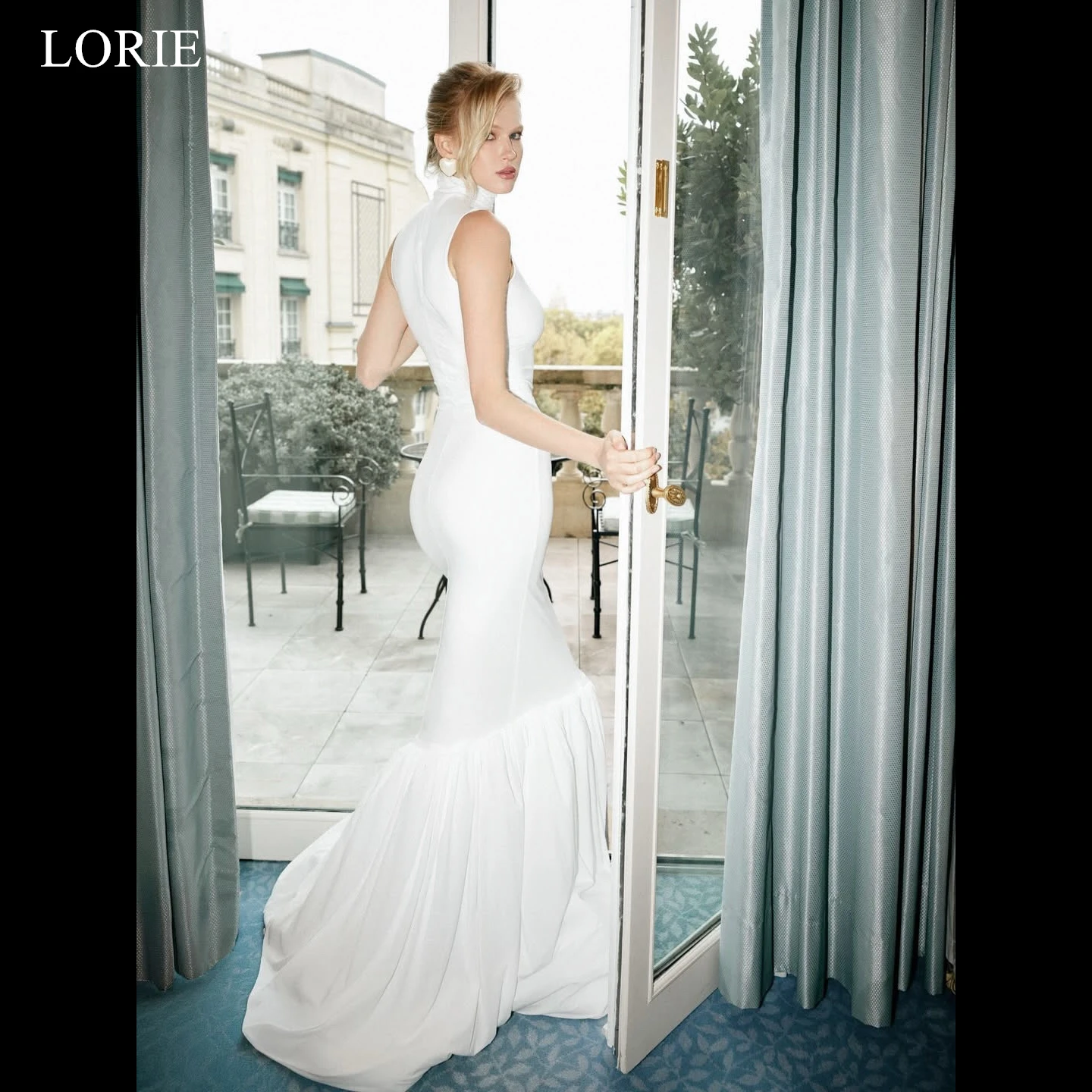 

LORIE Chic Solid Wedding Dresses High Neck Sleeveless Bridal Gowns Elegant Bodycon Floor-Length Mermiad Prom Gown Customized