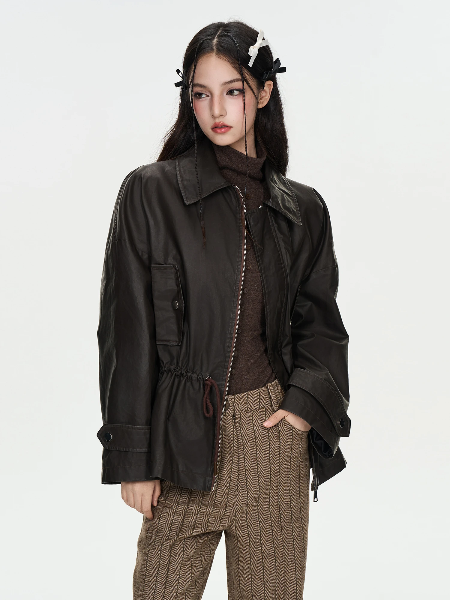 IUNAE LUMEN 2025 – Nouvelle veste décontractée en cuir noir pour femme, col zippé, chaude et élégante, collection automne-hiver