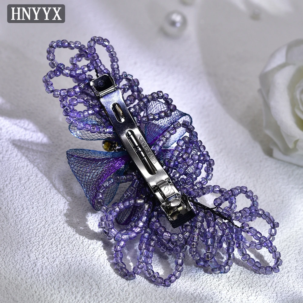 HNYYX-Pinza de pelo con cuentas azules Vintage para mujer, accesorios para el cabello para vestido de graduación, Clip de Primavera de cadena suave de malla, elegante, hecho a mano, Sideclip A211