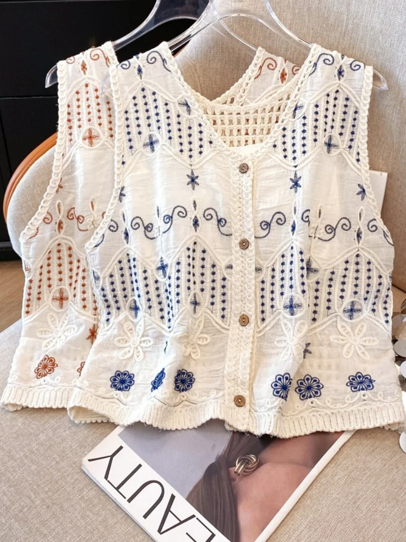 

Embroidered Heavy-Work Open Cardigan Vest Top for Women Ele Summer Thin Silk Polyester Fiber 2025 Season