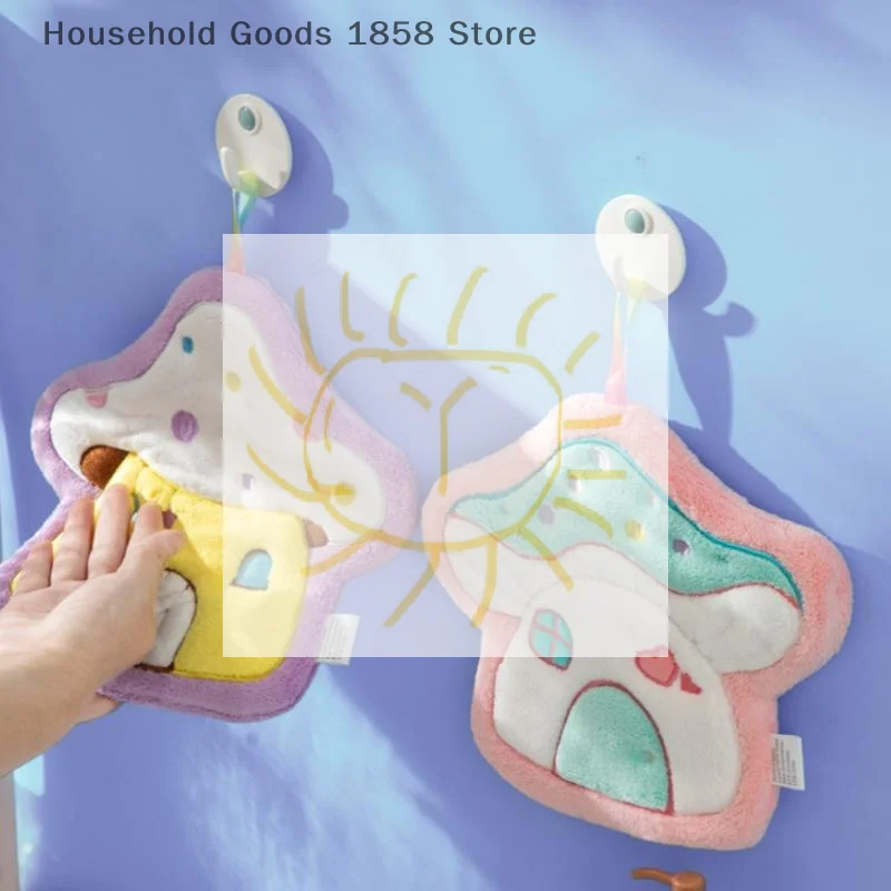 

1pcs Cute Mushroom House Hand Towel Quick Drying Kitchen Towel Cleaning Rag Coral Velvet Absorbent Hanging Towel Bathroom