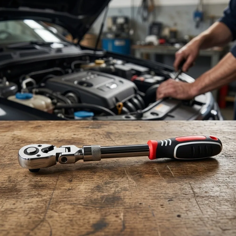 Swivel Head Ratcheting Wrench with 72 Teeth and Telescoping Handle for Accurate Fastener Engagement in Tight Locations