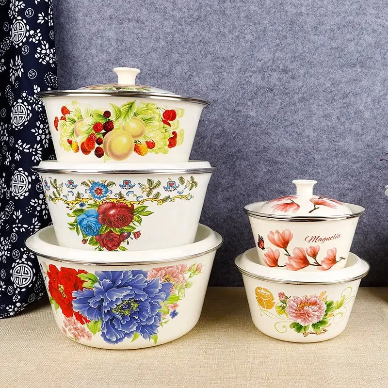 Bowls Thickened Old-fashioned Enamel Lard Basin with Lid Kitchen Wash Basin Food Lard Tank with Lid Extra Thick Enamel Soup Bowl