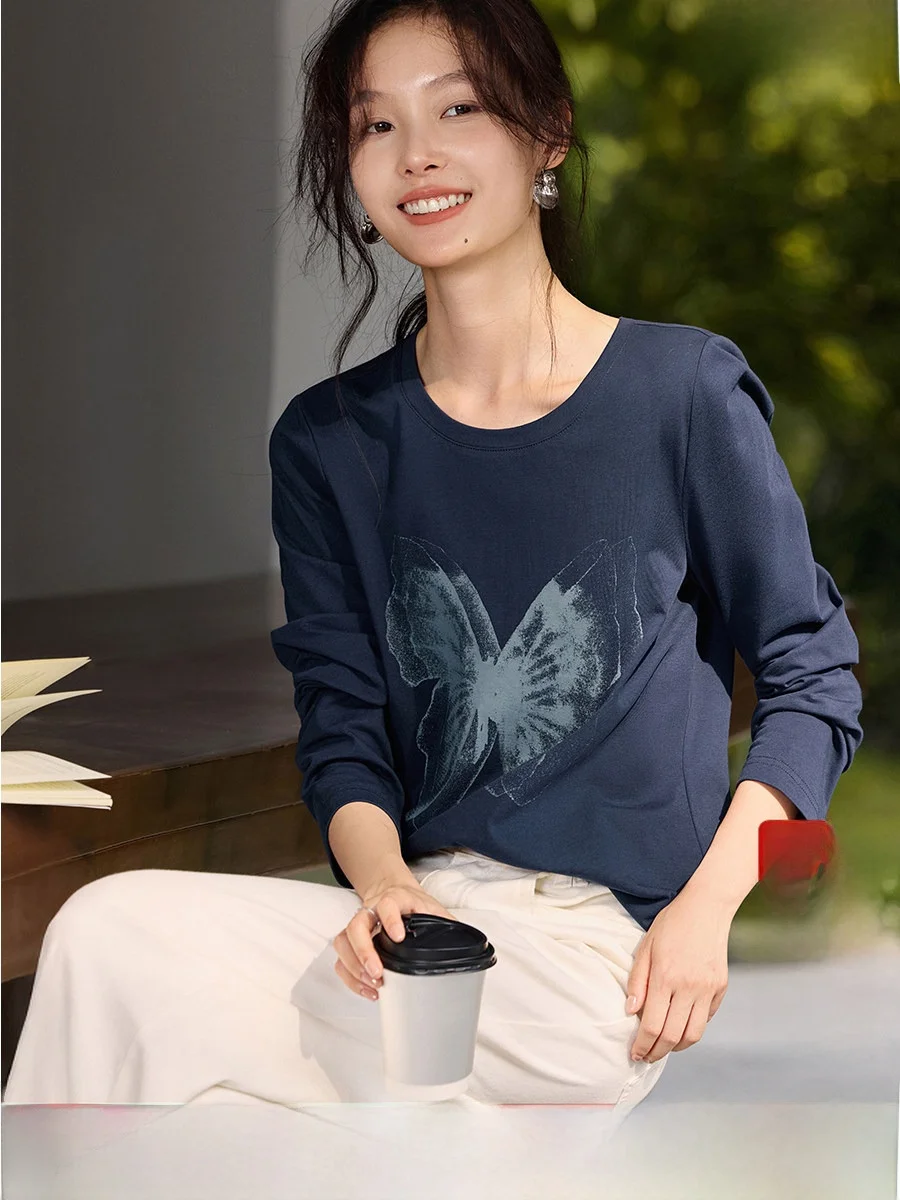 

Женская футболка XWI с длинным рукавом и градиентным принтом, облегающий топ для повседневной носки, из смесового хлопка и полиэстера, осенняя одежда