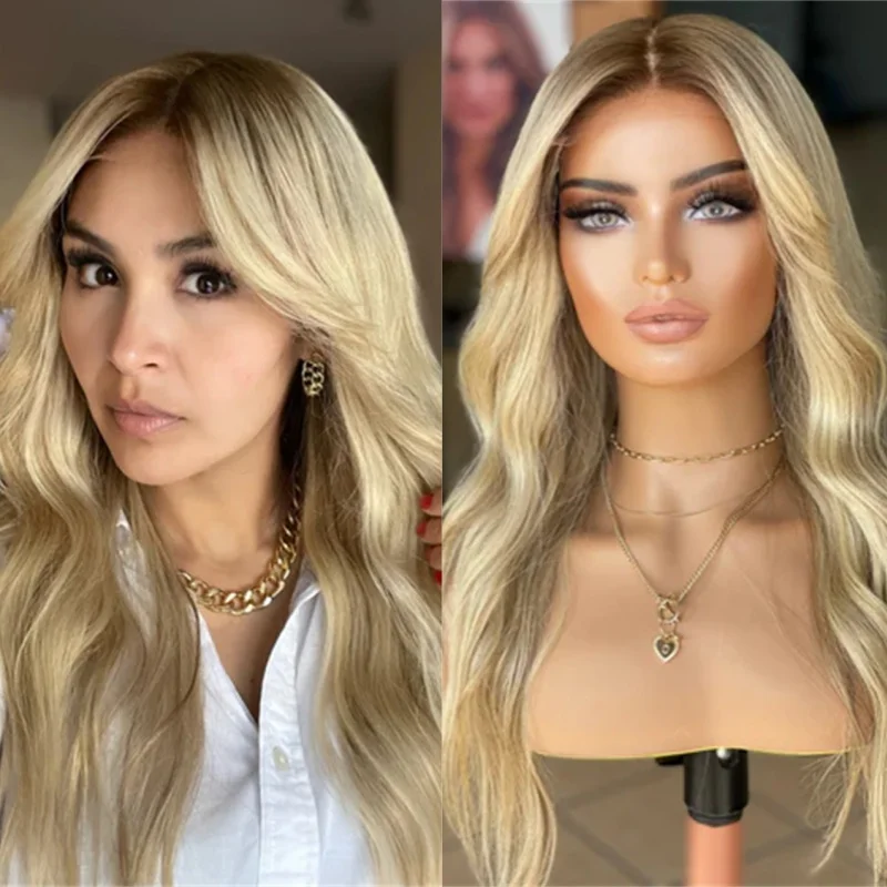 

Ombre Golden Blonde HD Lace Front Wig Glueless Wig Wear and Go Synthetic Wig Natural Shadow Roots Blend Human Hair Party Wigs