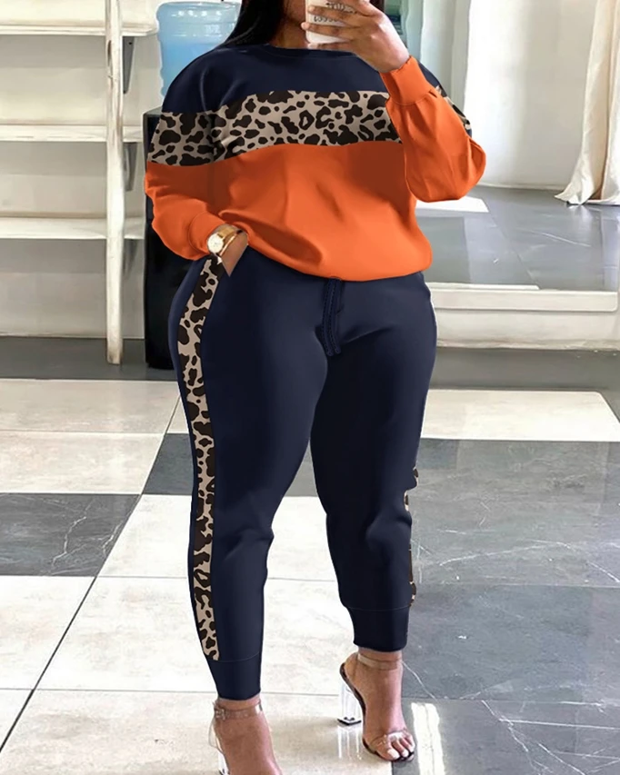 Plus Size XL-5XL 2 Piece Set Women Outfit 2025 Leopard print Long Sleeve Pullover Pocket High Waist pant Tracksuit Matching Sets