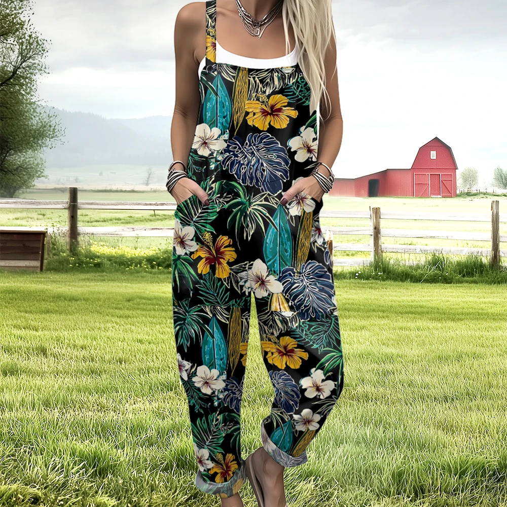 

Boho Tropical Overalls for Women Colorful Pineapple & Palm Leaf Pattern Loose-Fit Romper with Pockets Beach Vacation Outfit
