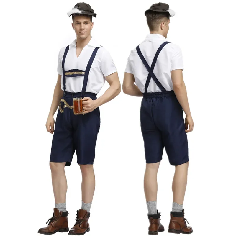 3Pcs/Set Germany Traditional Oktoberfest Adult Beer Men's Costume Bavarian Lederhosen Clothing Halloween Party Uniform