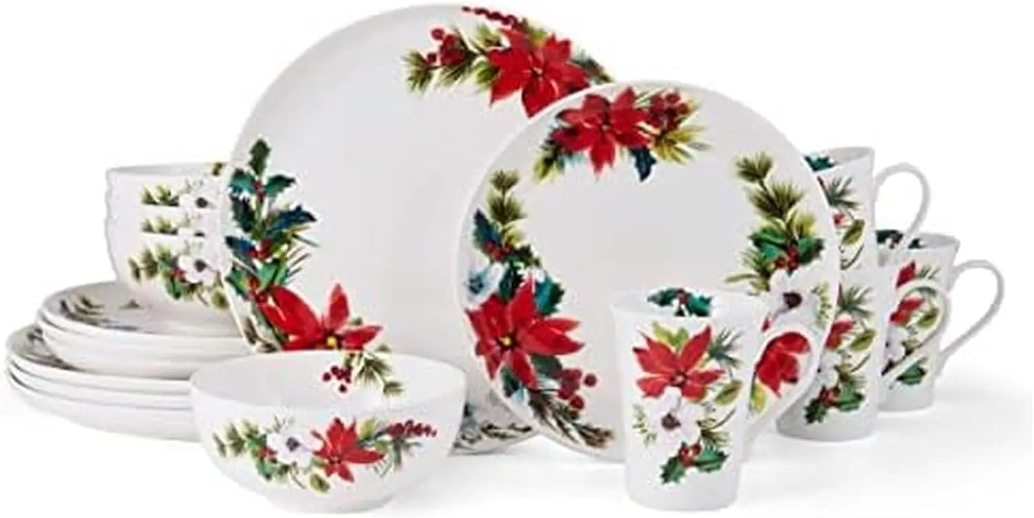 

Hope Joy Holiday Poinsettia Bone China Lightweight Chip Resistant 16 Piece Dinnerware Set, Service for 4, Multicolor