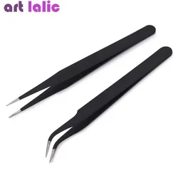 2Pcs Stainless Steel Black Curved Straight Tweezer Set Nail Art Rhinestones Beads Picking Tool Kit