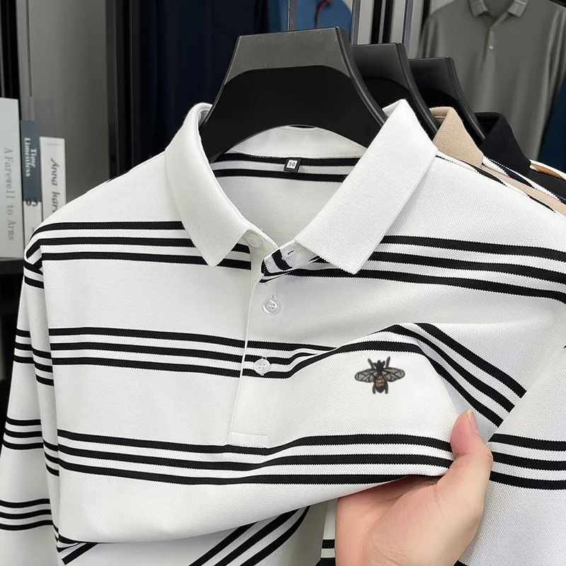 High Quality Men's Embroidery Print Polo Shirt Color Blocking Stripe Long Sleeved Lapel Cotton T-shirt Trend Business Men's Wear