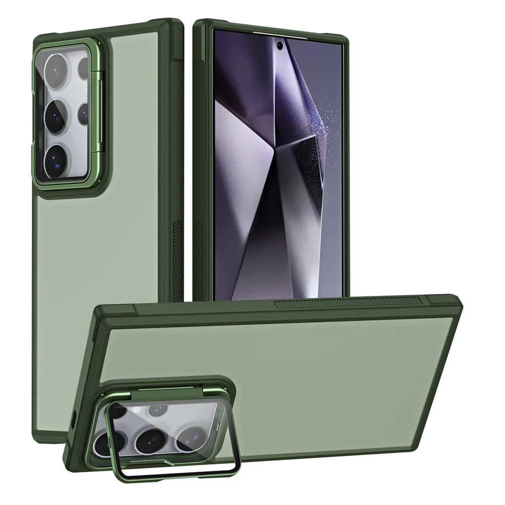 Folding Glass Lens Camera Stand Matte Translucent Case For Samsung S23 FE S24 Ultra S24 Plus Shockproof Protection Bumper Cover