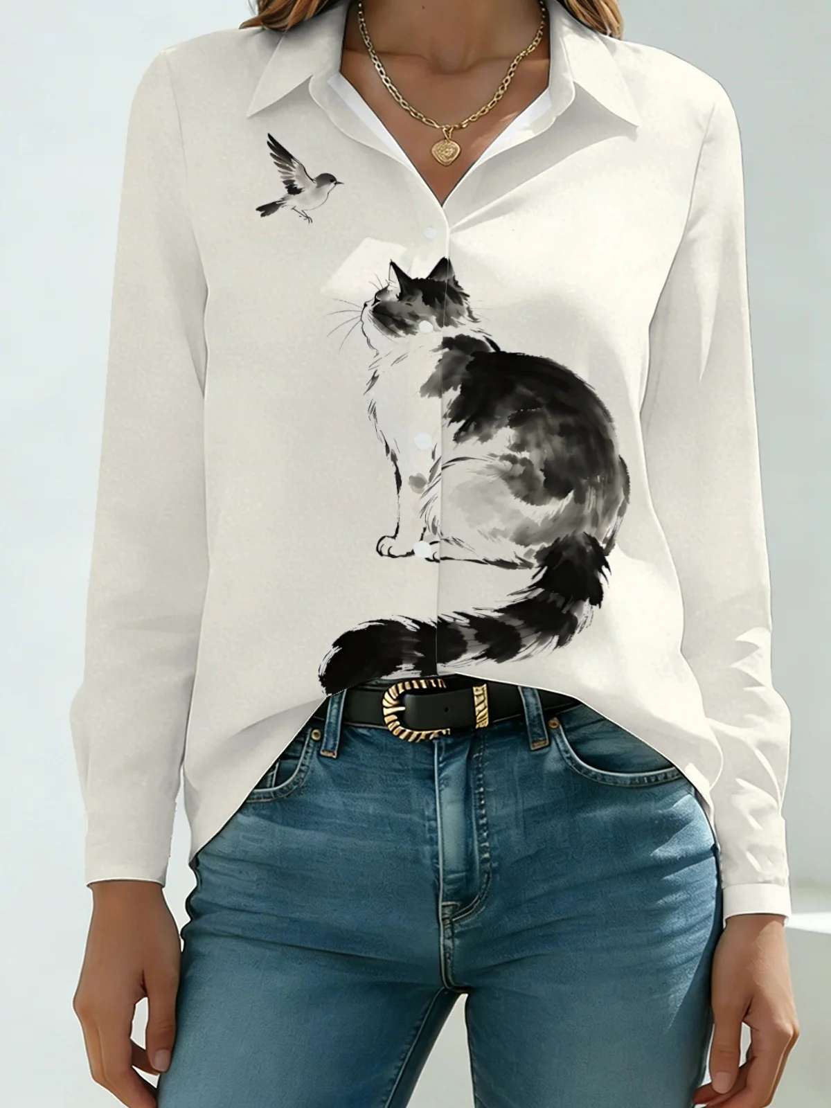 New Chinese Style Minimal Cat Womens Collared Shirt Pure Cream White Base Ink Wash Grey Tabby Allover Print Long Sleeve Street D