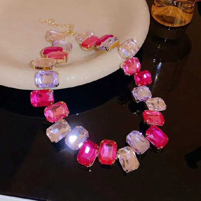 FYUAN Luxury Square Pink Colorful Crystal Choker Necklaces for Women Geometric Clavicle Chain Necklaces Party Wedding Jewelry