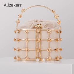 Women Metal Cage Evening Clutch Bags Bridal Luxury Hollow Out Velvet Metallic Flower Pearl Purses And Handbags Wedding Party