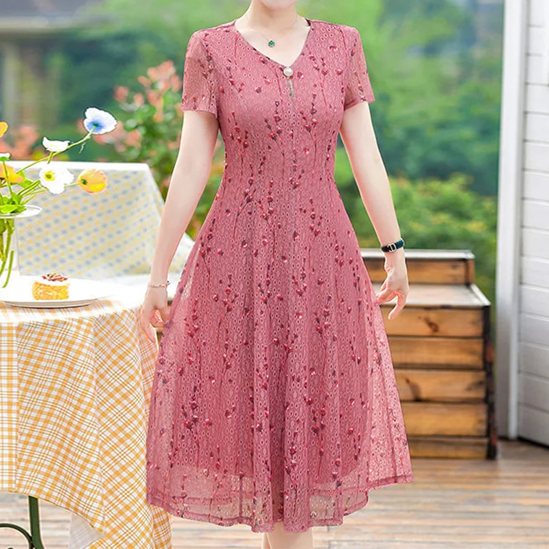 Female Clothing V-Neck Solid Color Nail Bead Summer Clothes Prairie Chic Net Yarn Short Sleeve Patchwork Printing Chiffon Dress