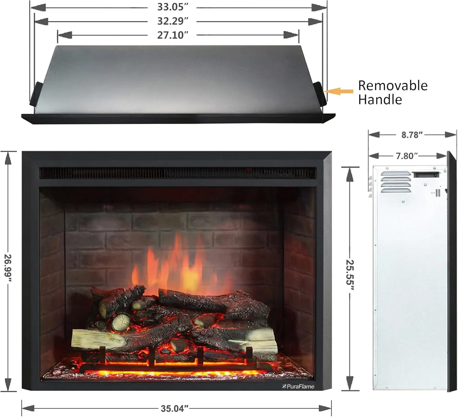 Electric Fireplace Insert with Fire Crackling Sound, Remote Control, 750/1500W, Black, 33 1/16 Inches Wide, 25 9/16 Inches High