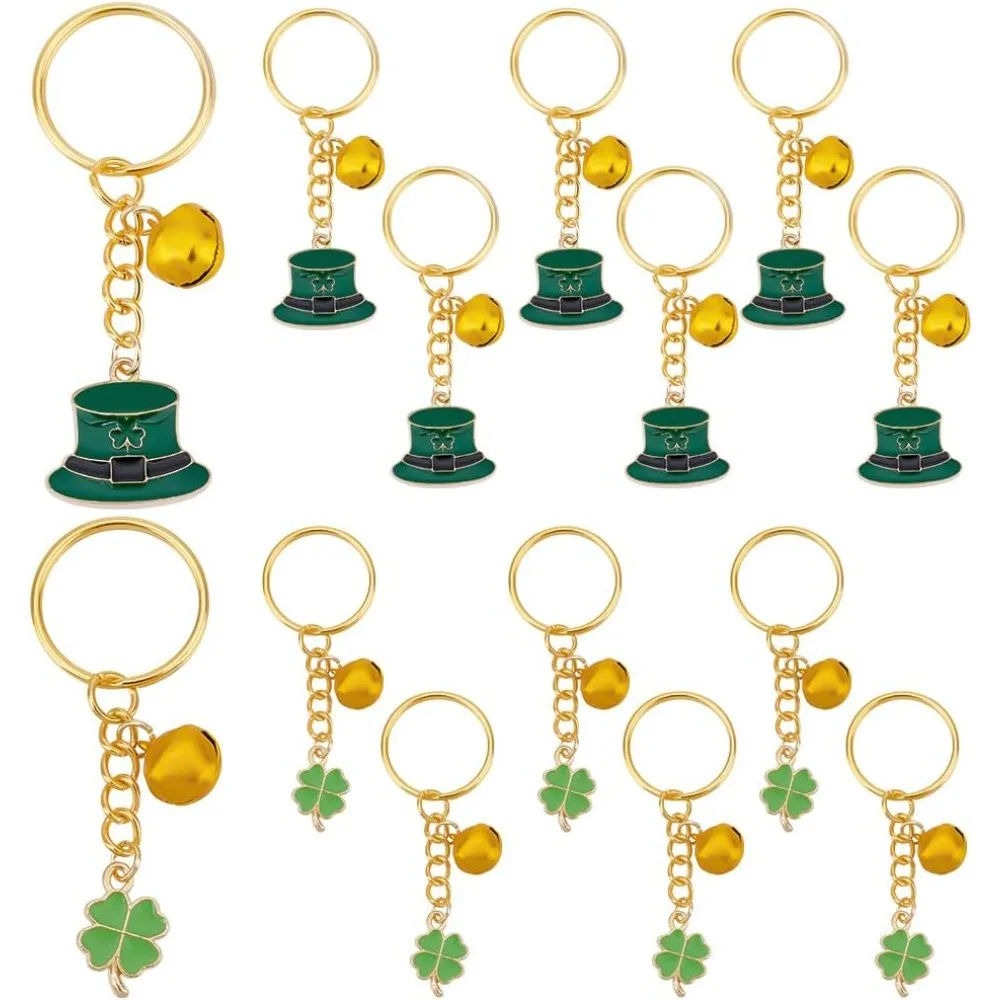 16pcs Four-leaf Clover Keychains Hat Shape Enamel Pendant Lucky Jewelry Key Rings Accessories with Bell for St. Patrick's Day