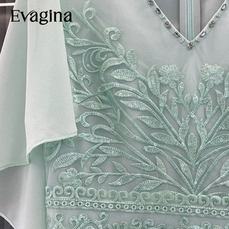 Evagina Nail Bead Embroidery Pleated Waist Up Long dress Spring Summer Women's New Batwing Sleeve V-Neck Holiday Dresses