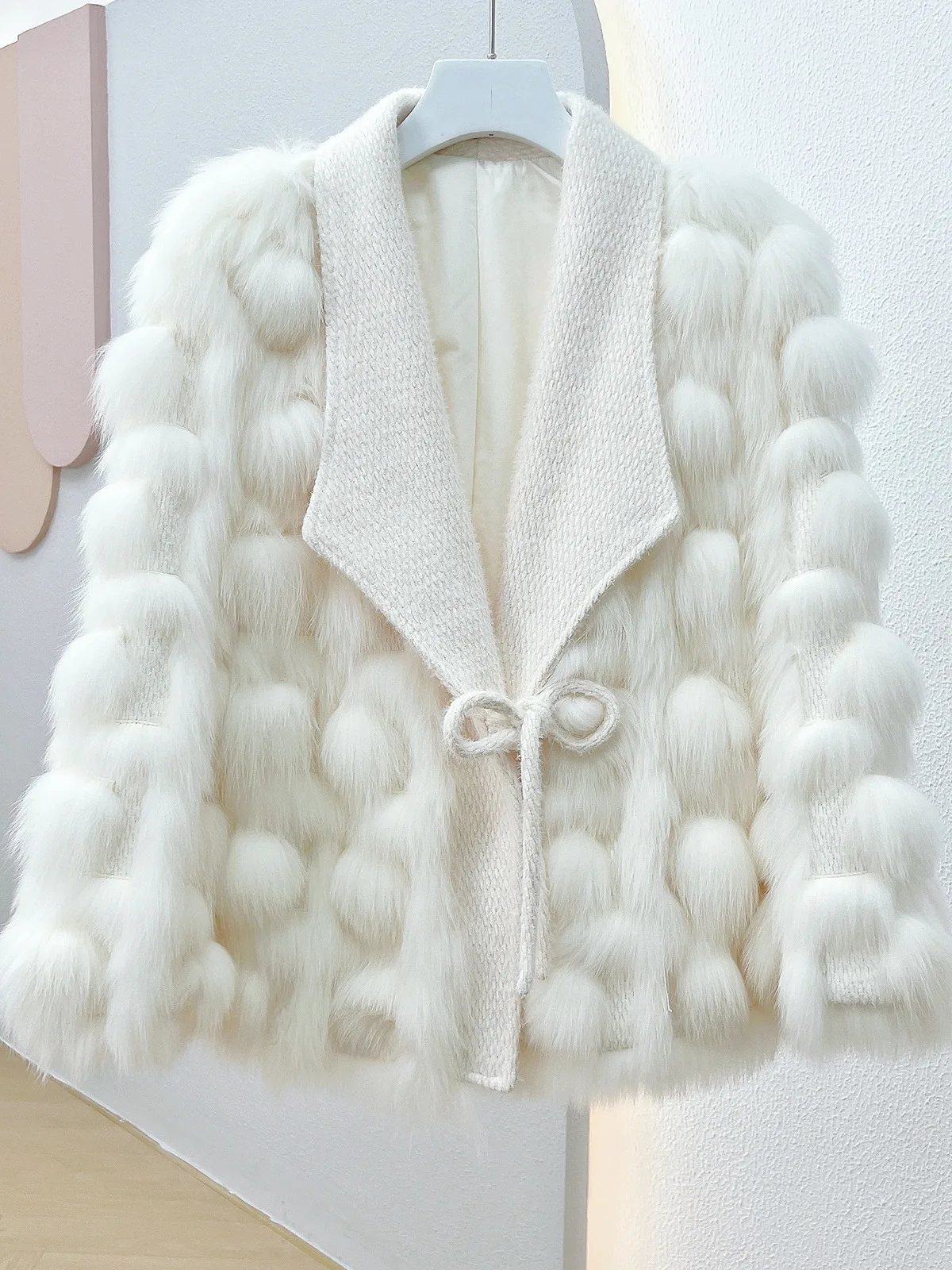 

White fox hair + woven knitted sweater