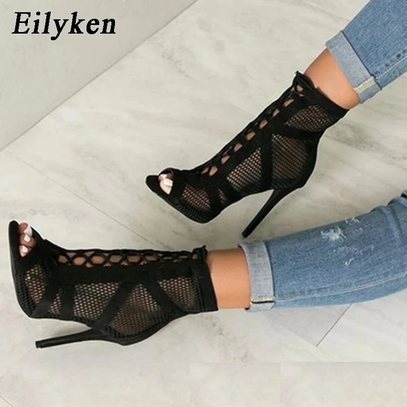 Eilyken Fashion Black Summer Sandals Lace Up Cross-tied Peep Toe High Heel Ankle Strap Net Surface Hollow Out Shoes