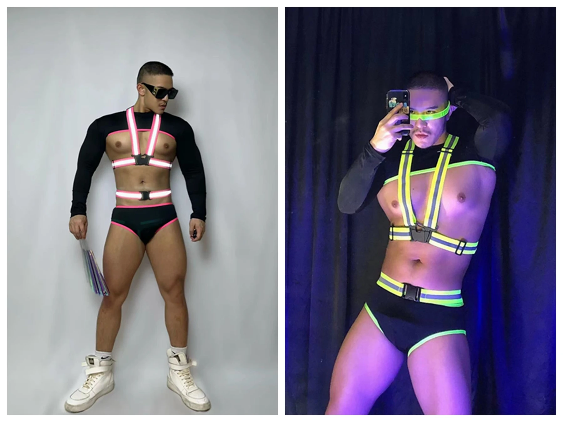 Fluorescent Pink Green Bikini Nightclub Bar DJ Gogo Pole Dance Costume Performance Outfit Muscle Man Party Show Stage Wear Set