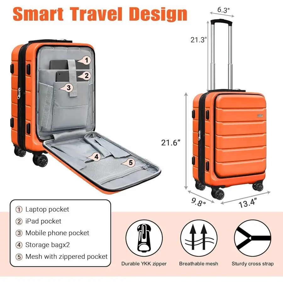 20インチ 機内持ち込み可能、軽量ハードサイドスーツケース、拡張可能な小型スーツケース、フロントポケット付き、オレンジ