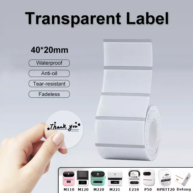 Transparent Round Rectangle Thermal Label Roll Adhesive Sticker Paper Durable Printable Thanks Card Price Barcode Tag  M110 M220