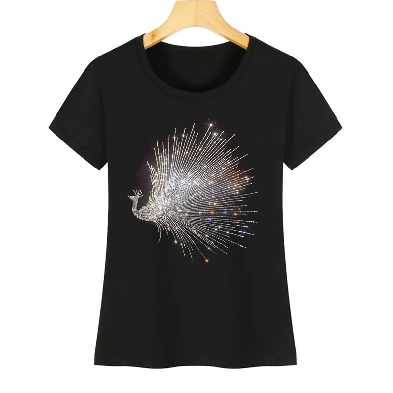 Hot Women's Summer Casual Cotton Short Sleeve T Shirt Shiny Peacock Wings Hot Drill T-Shirt