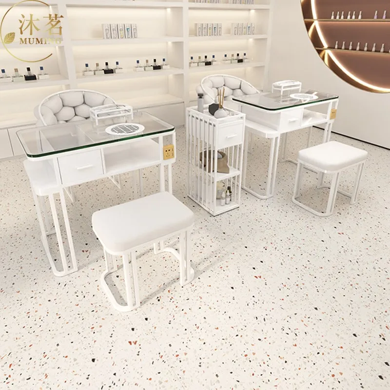 #European Design Nail Table Portable Multifunctional Minimalist Glass Nail Table With Storage Professional Mesa Salon Furniture