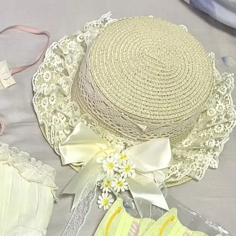 Harajuku Women Girls Handmade Sweet Lolita Kawaii Princess Lace Bow Flower Straw Hat JK Cream-Colored Daisy Lace Straw Hat