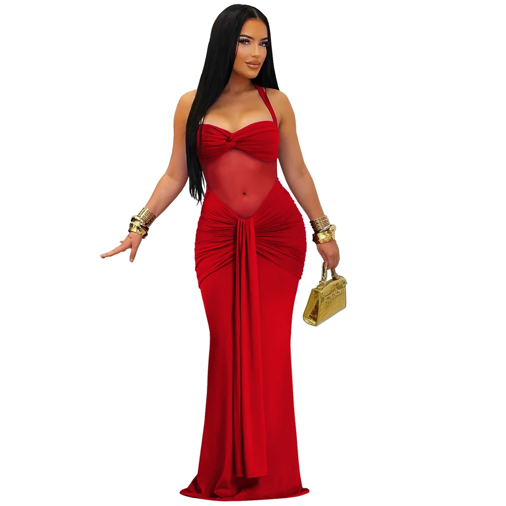 Sexy Transparentes Netzkleid mit Neckholder Rückenfreies Schnürkleid mit Vorderbindung Figurbetontes Partykleid Langes Abendkleid Clubwear Maxikleid für Damen – Detail 4