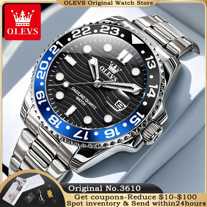 OLEVS 3610 Men Watch Fashion Original Diving Series Waterproof Date Rotating Dial Stainless Steel Luxury Brand Men Quartz Watch