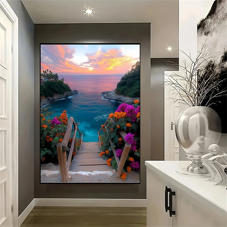1pc Coastal Stairway Ocean Sunset Landscape Canvas Print Unframed Wall Art Seaside Flowers Scenery Nature Picture