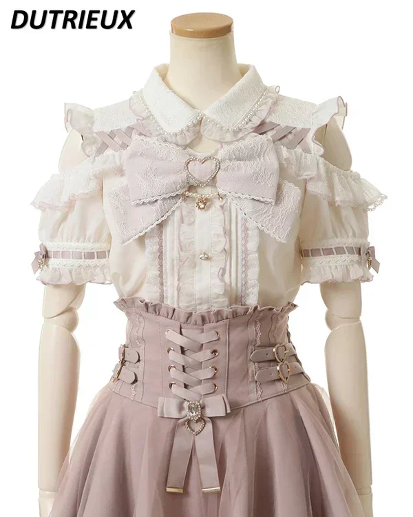 Summer New Lolita Short-Sleeved Shirt Skirts Japanese Mine Off-Shoulder Pearl Collar Cute Sweet Big Bow Shirt Skirt Outfit Women