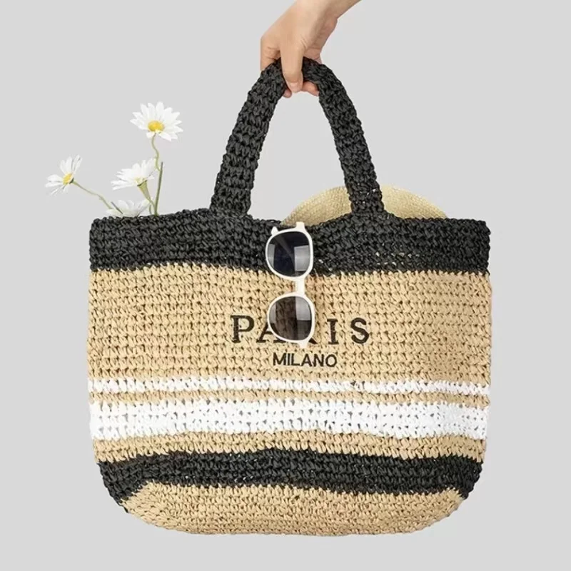 Bolso de mano de punto de paja hecho a mano de gran capacidad para mujer, bolsos de hombro de playa de viaje de verano, bolso de mano portátil