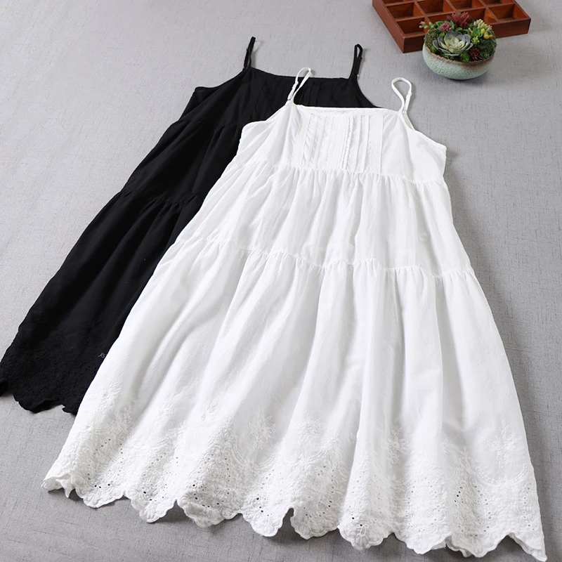 Japanese Sweet Mori Girl Embroidery Spaghetti Strap Slip Dress Women Summer Solid Color Cotton A-line Underdress Tank Dresses