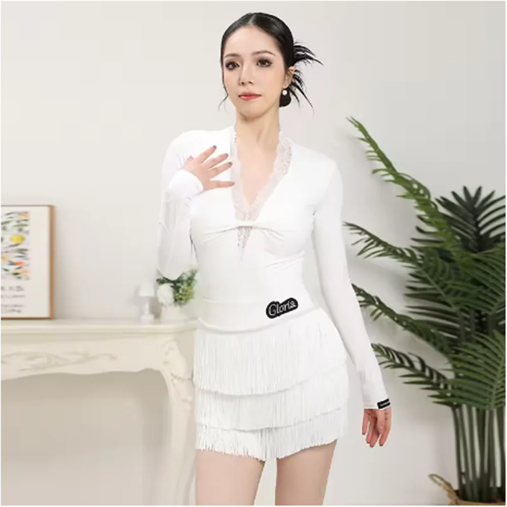 Adult Latin Dance Costume Women Latin Practice Suit Lace V-Neck Bodysuit Fringe Skirt White Dance Performance Clothing  yj807