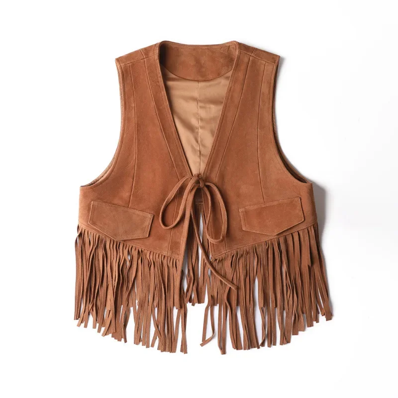 

Spring Autumn Fringe Vest Women Suede Leather Suede Vest Tassels Vintage Western Country Cowgirl Vest Cardigan Waistcoat Jacket