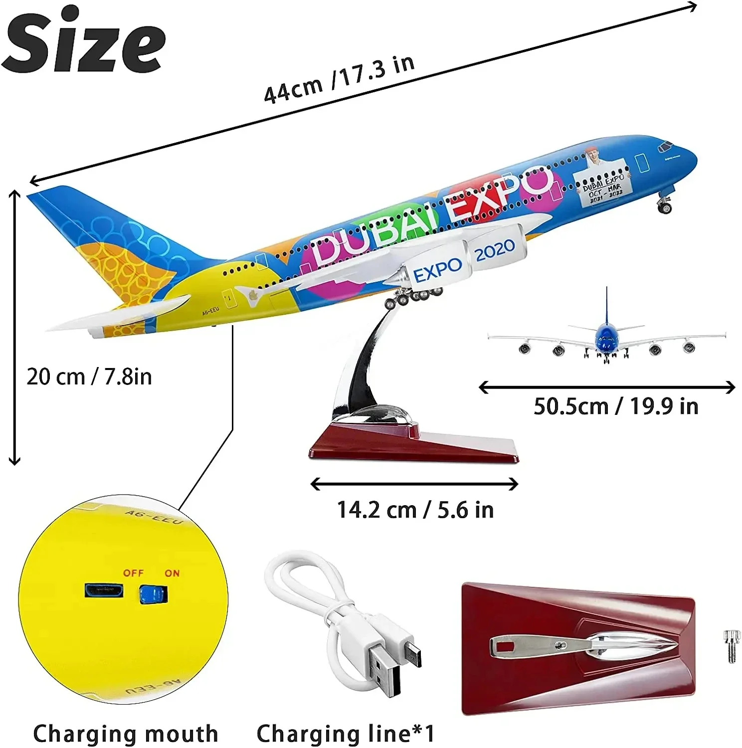 Imagem -05 - Avião Modelo Grande com Luz Led Avião Coleção Presente do Escritório Decoração Desktop Airbus 380 Avião Emirates Escala 1:160