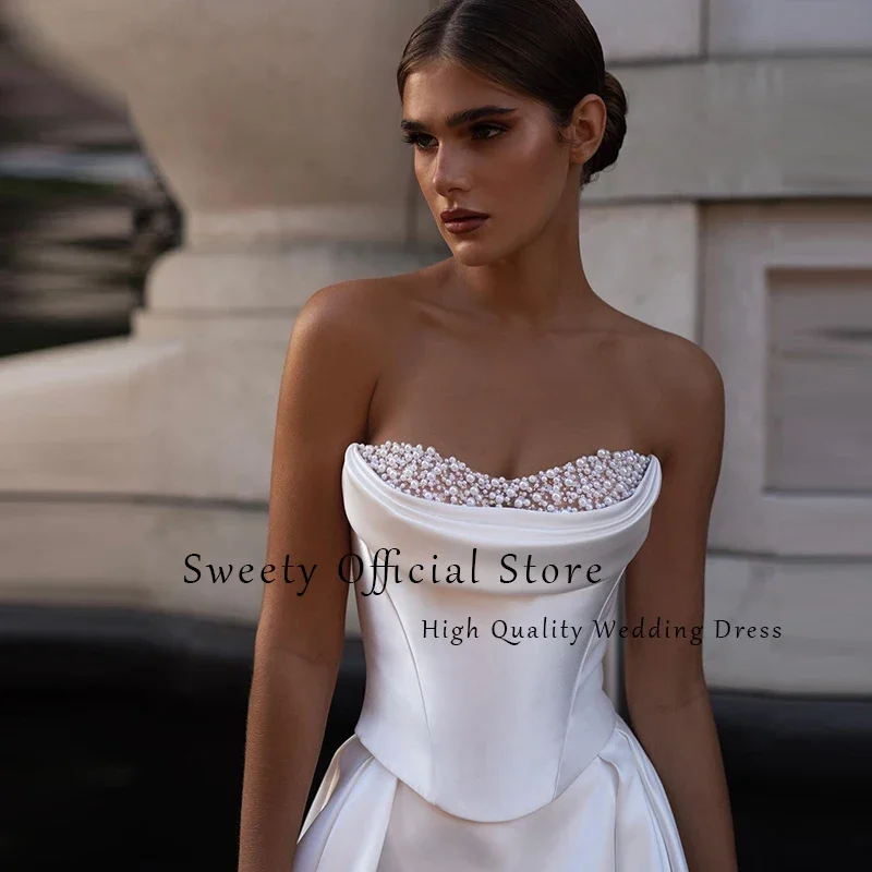 Luxury Wedding Dress Soft Satin With Sequins Slit A Line Ball Gown Strapless Bridal Gowns Back Button Vestido De Novia Elegant